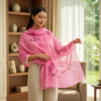 Khăn gai dài màu hồng sen vẽ tay hình tùng hạc 70*190cm